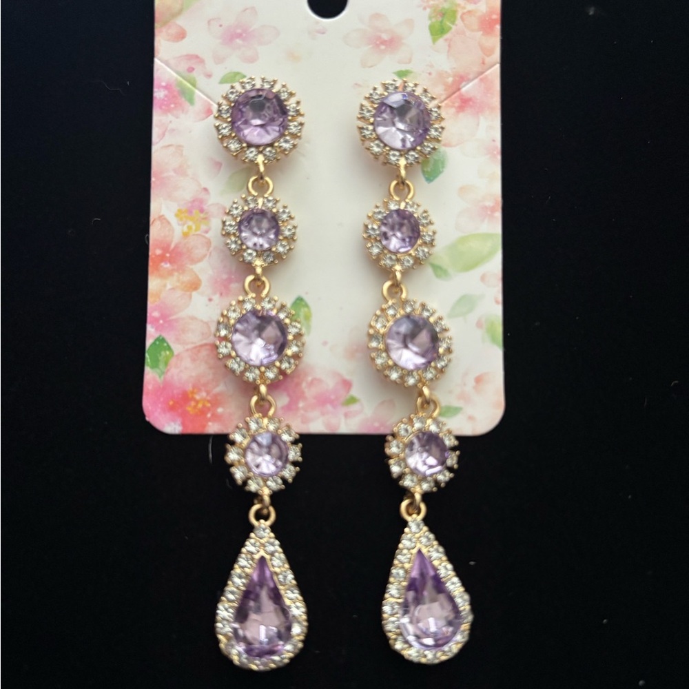 Fashion Gold-Tone Lavender Crystal Drop Earrings -